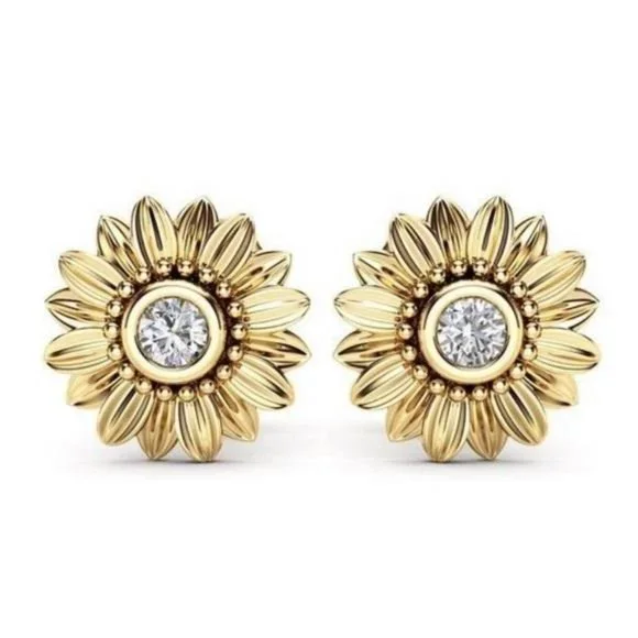 18K YELLOW GOLD SUNFLOWER STUD EARRINGS, NICE EARRINGS, CUTE EARRINGS - Picture 1 of 3